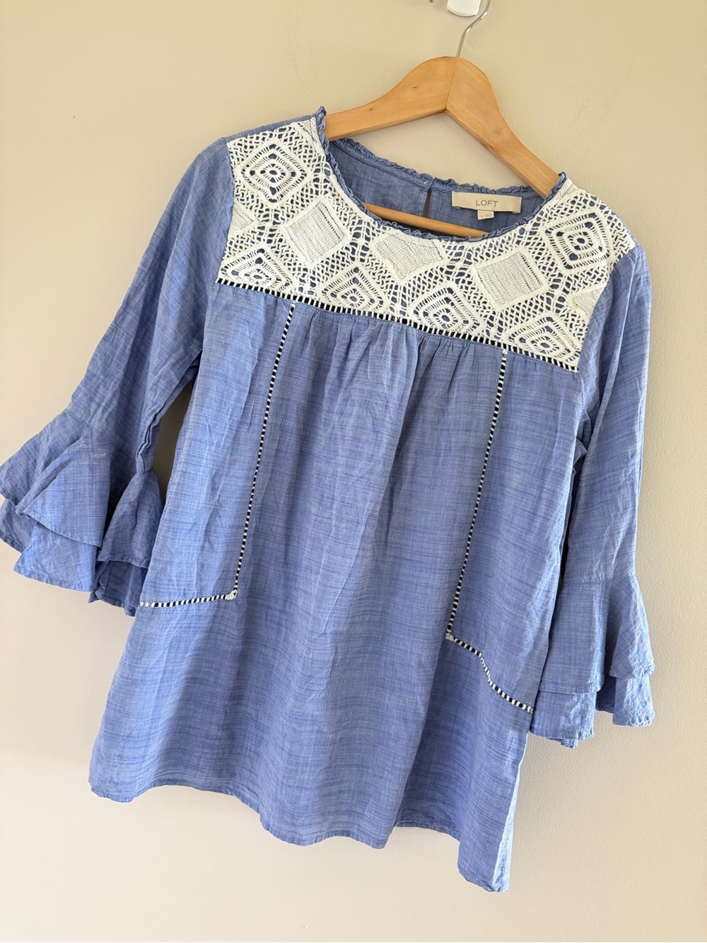 LOFT Blue Boho Cottagecore Crochet Lace Yoke Bell Sleeve Peasant Blouse Small
